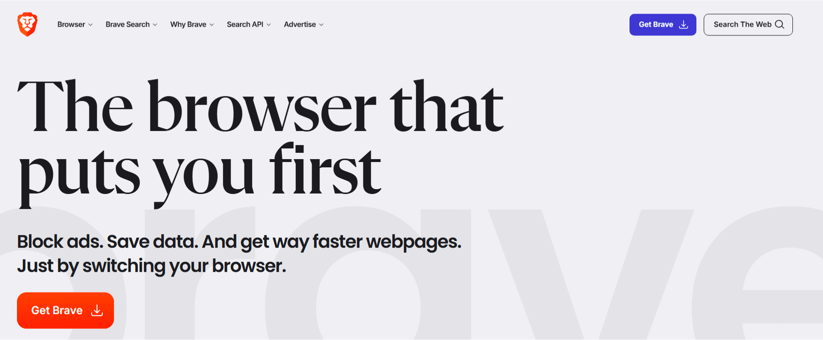 The Brave browser home page, showing the Get Brave button.