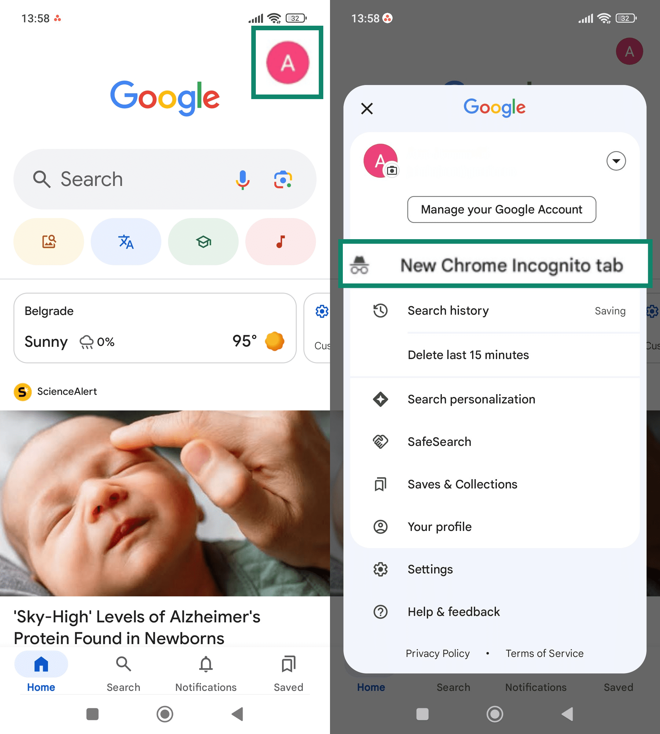 Two side-by-side screenshots of the Chrome app on Android. The left screenshot highlights the user’s profile icon in the bottom-right corner. The right screenshot shows the menu with 