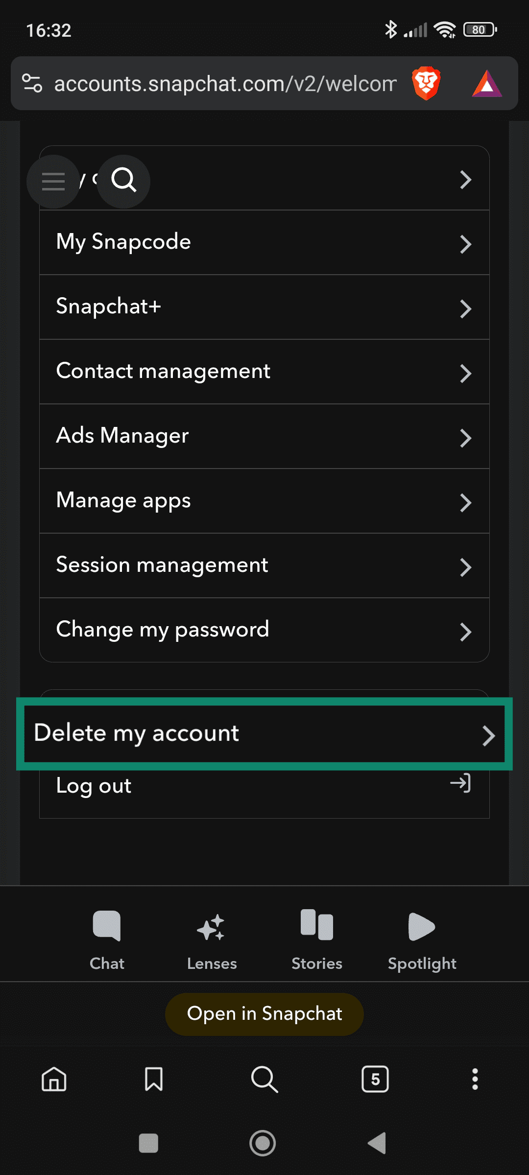 The Snapchat settings page, showing the Delete my account option.