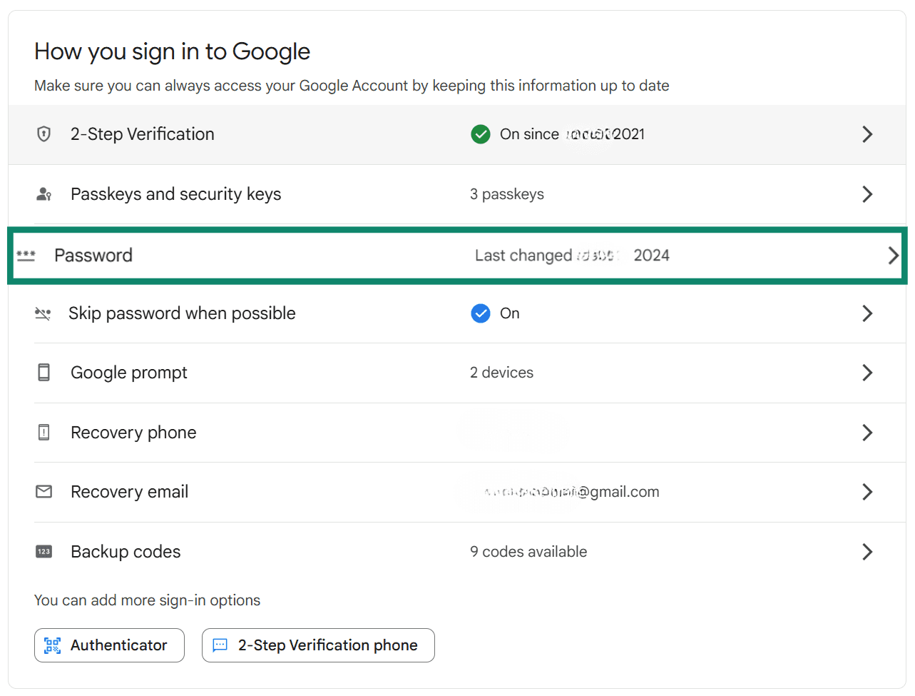 Screenshot of the “How you sign in to Google” section, highlighting the password settings with the last changed date in 2024.