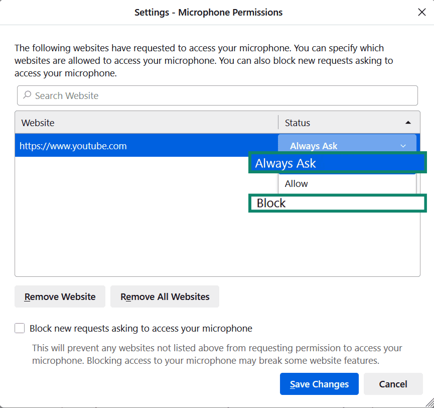 The Firefox Microphone Permissions menu, with Always Ask and Block highlighted.