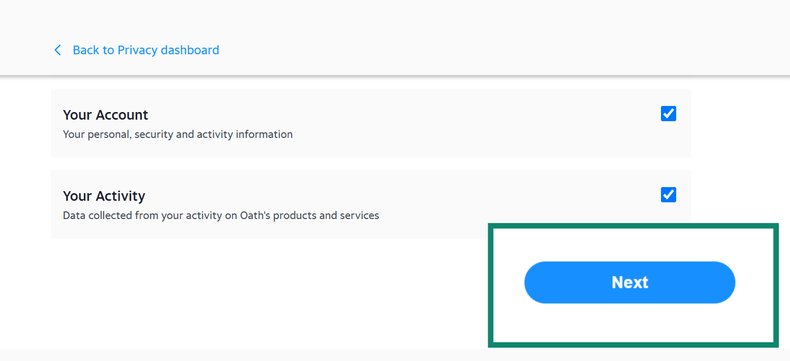 The Yahoo data download confirmation screen, showing the tick boxes to select data to download, and the Next button highlighted.