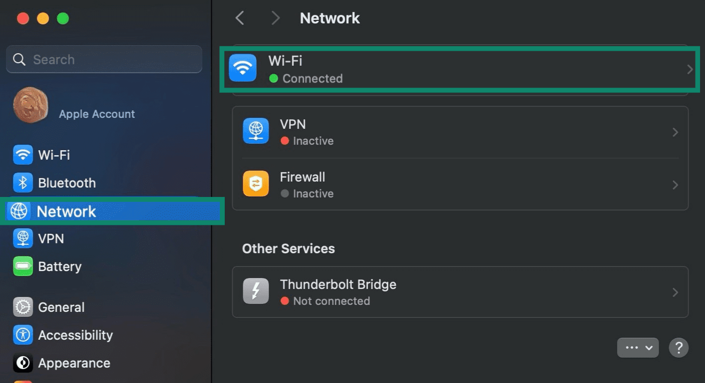 Mac's main Settings screen with the Network tab selected and the connection type, which is Wi-Fi, highlighted.