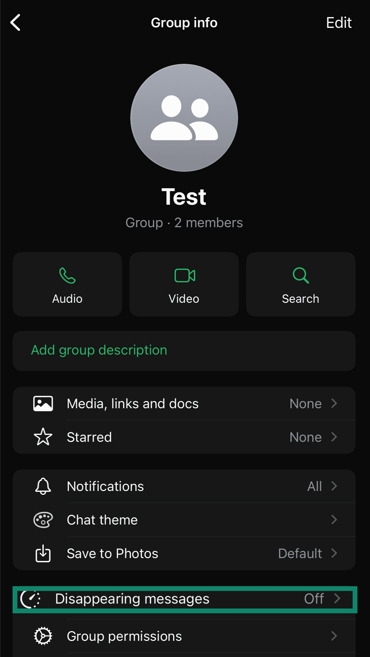 WhatsApp group settings screen with Disappearing messages highlighted.