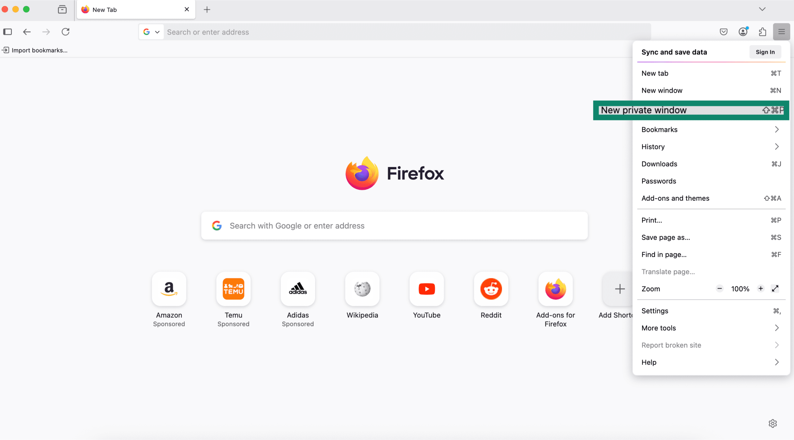 New private window option highlighted in Firefox desktop browser menu