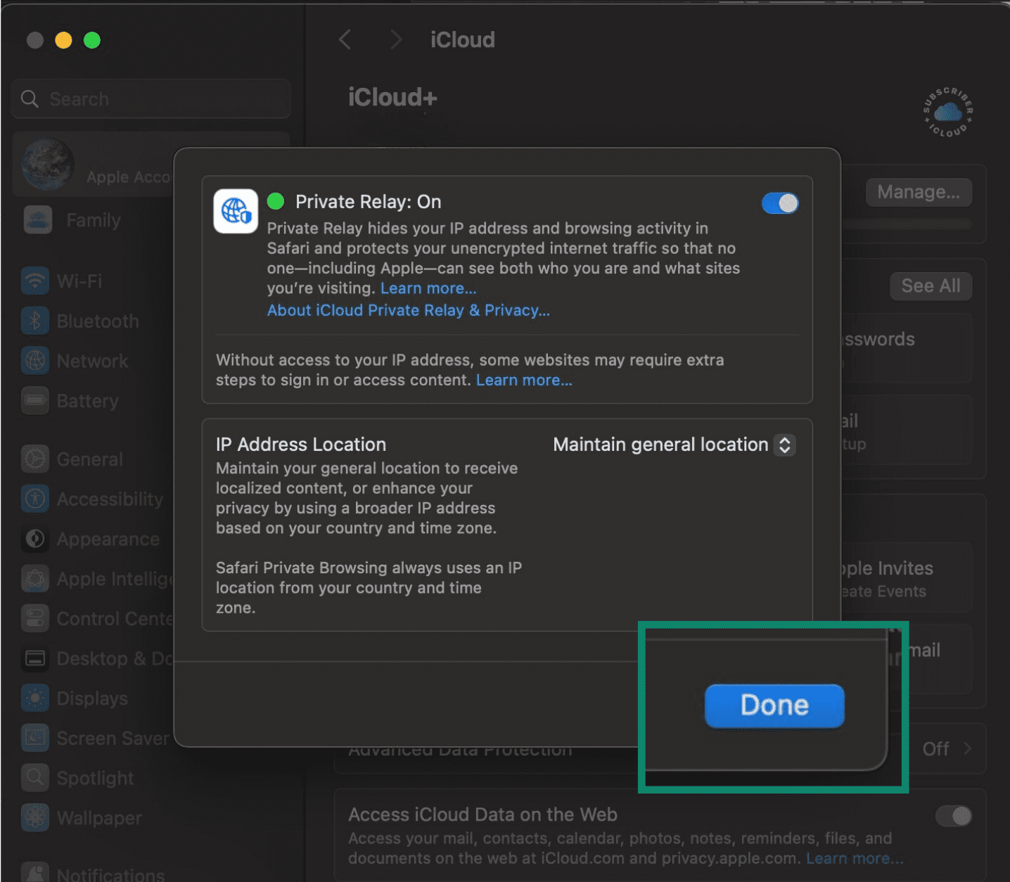 iCloud Private Relay window showing the option to toggle the feature on or off