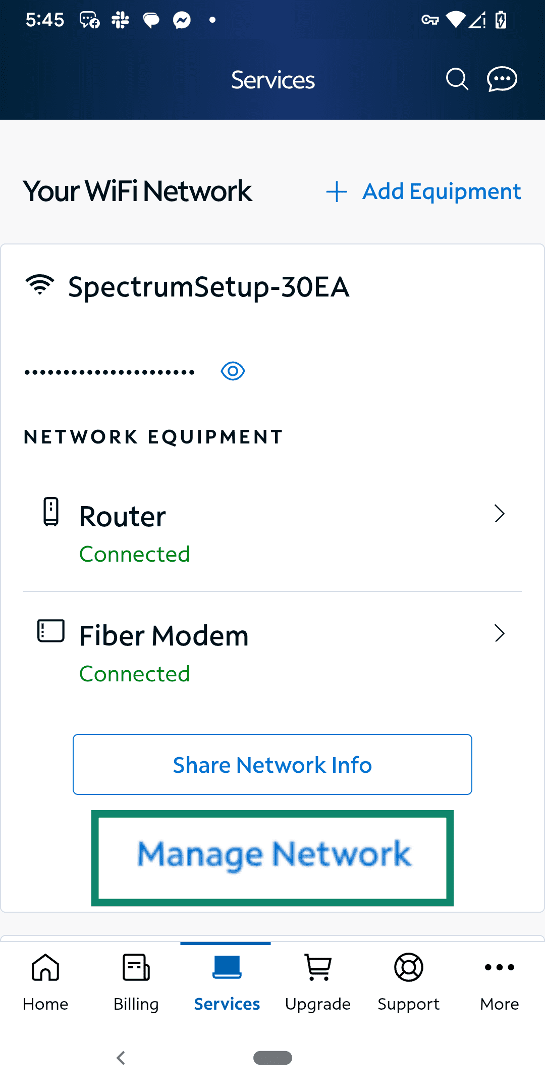 Spectrum app screen with "Manage Network" option highlighted.