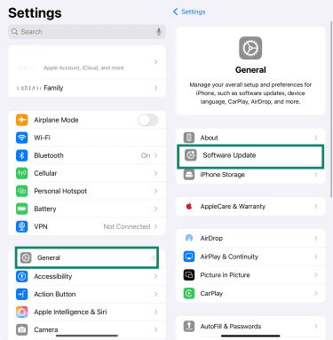 iPhone Settings showing General menu and Software Update option.