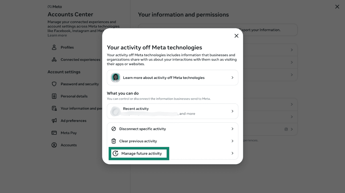 Facebook Your activity off Meta technologies page with Manage future activity highlighted.