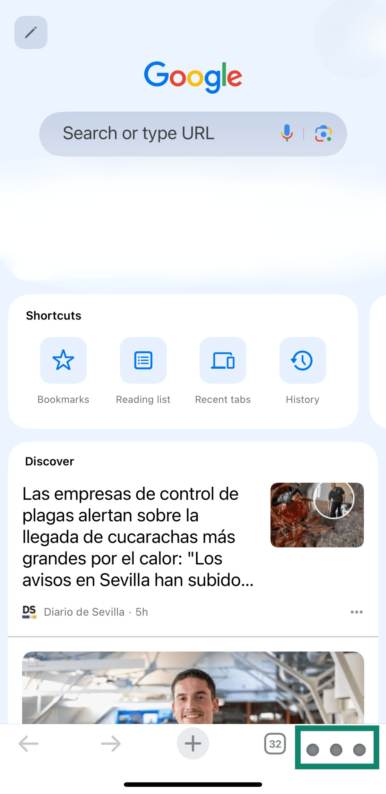 The homepage for an iPhone's Google Chrome app.