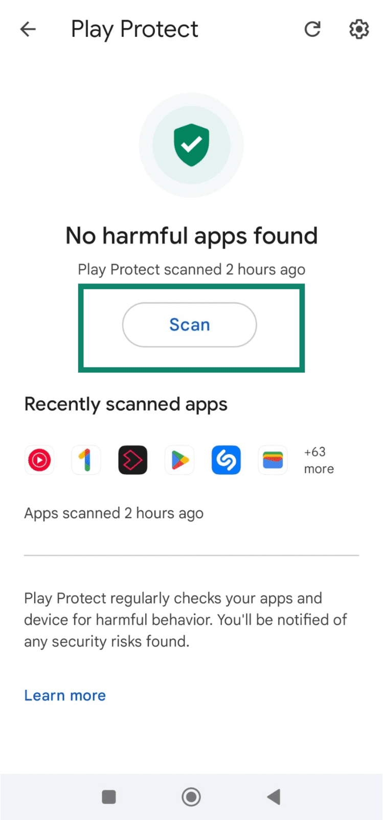 Play Protect screen with Scan button highlighted.