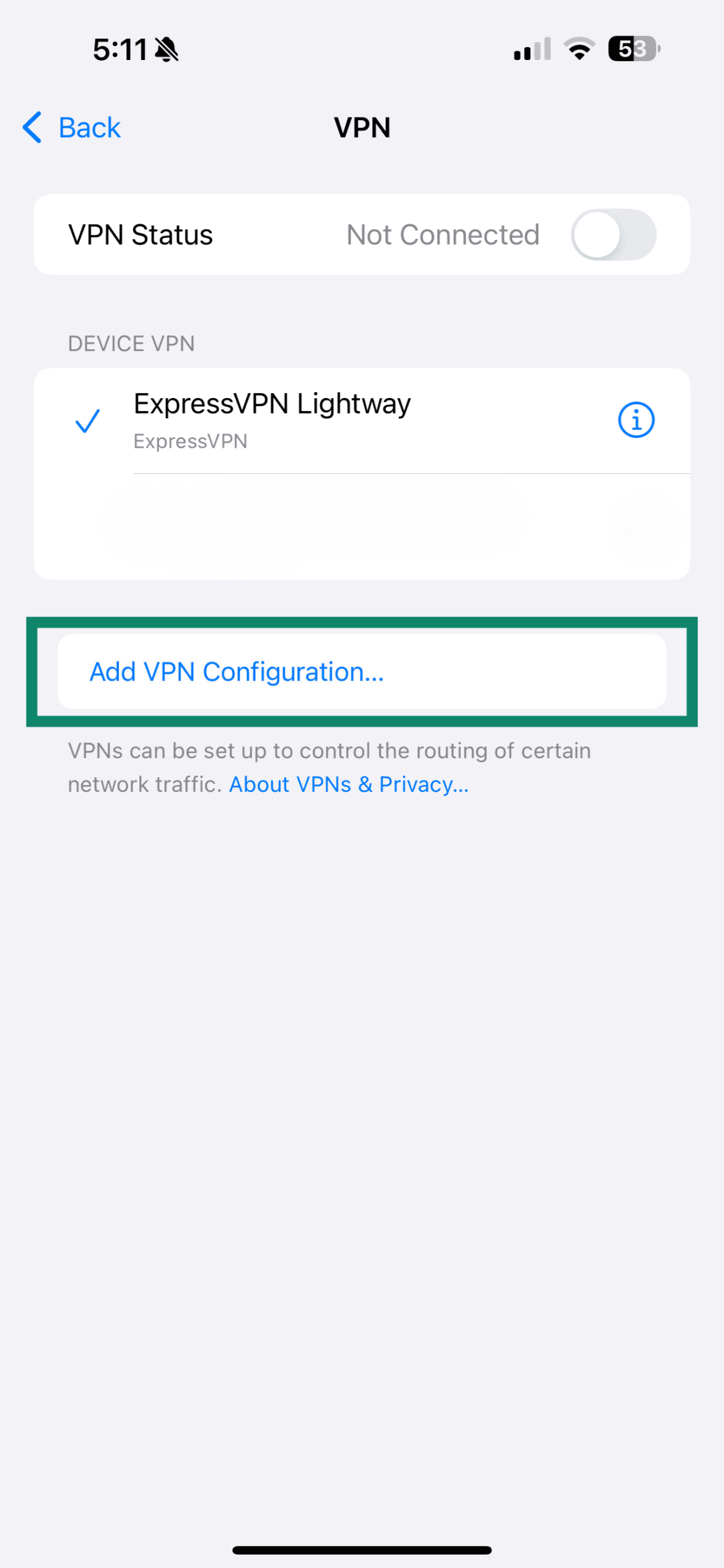 iPhone VPN settings screen to add VPN configuration.