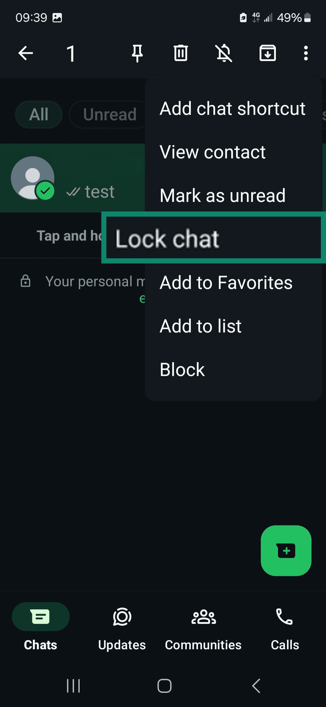 WhatsApp Kebab menu highlighting Lock chat option