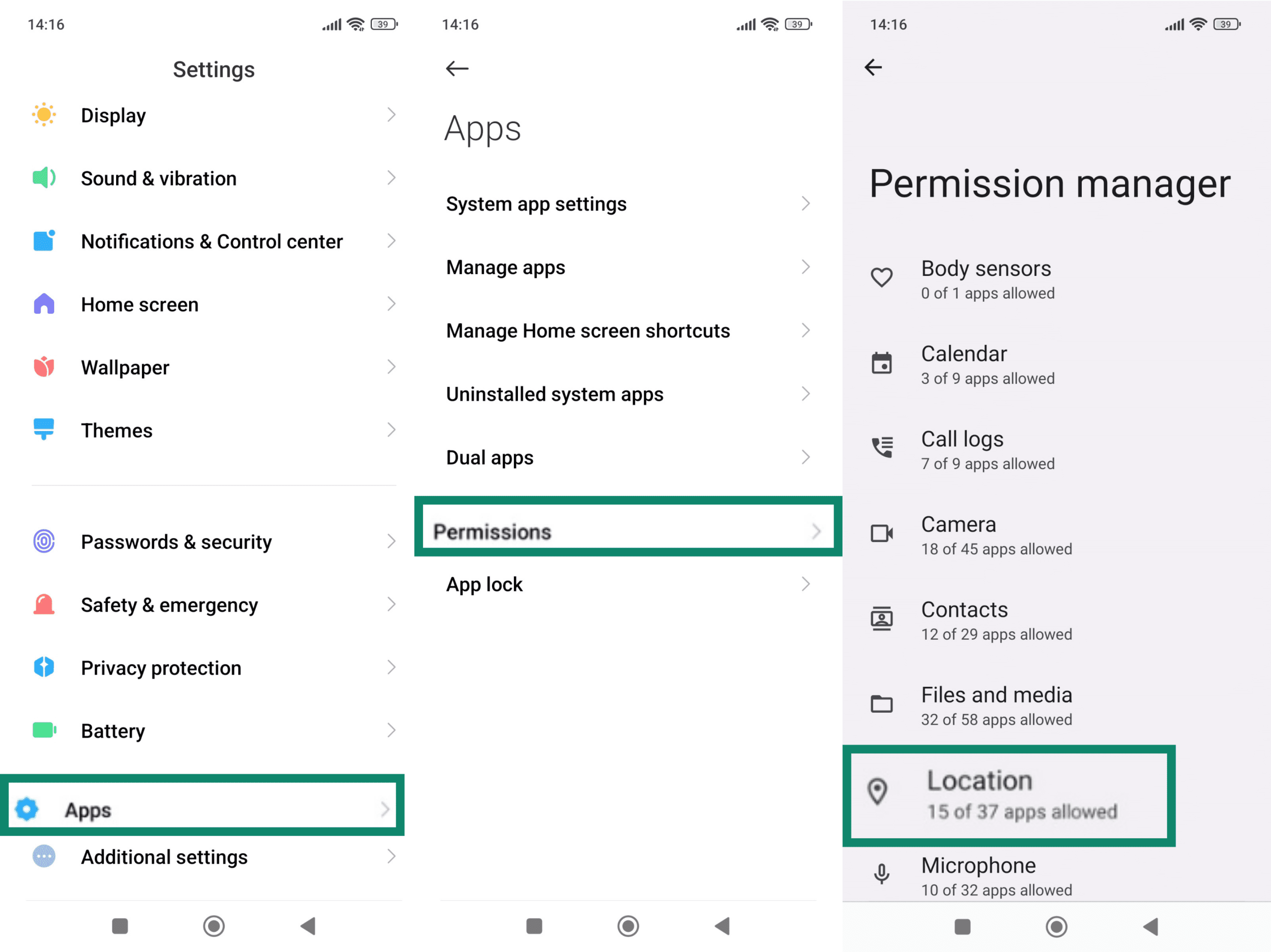 Android Settings menu with the Apps option highlighted (left), the Apps menu with Permissions option highlighted (middle), and the Permission manager menu with the Location option highlighted (right)