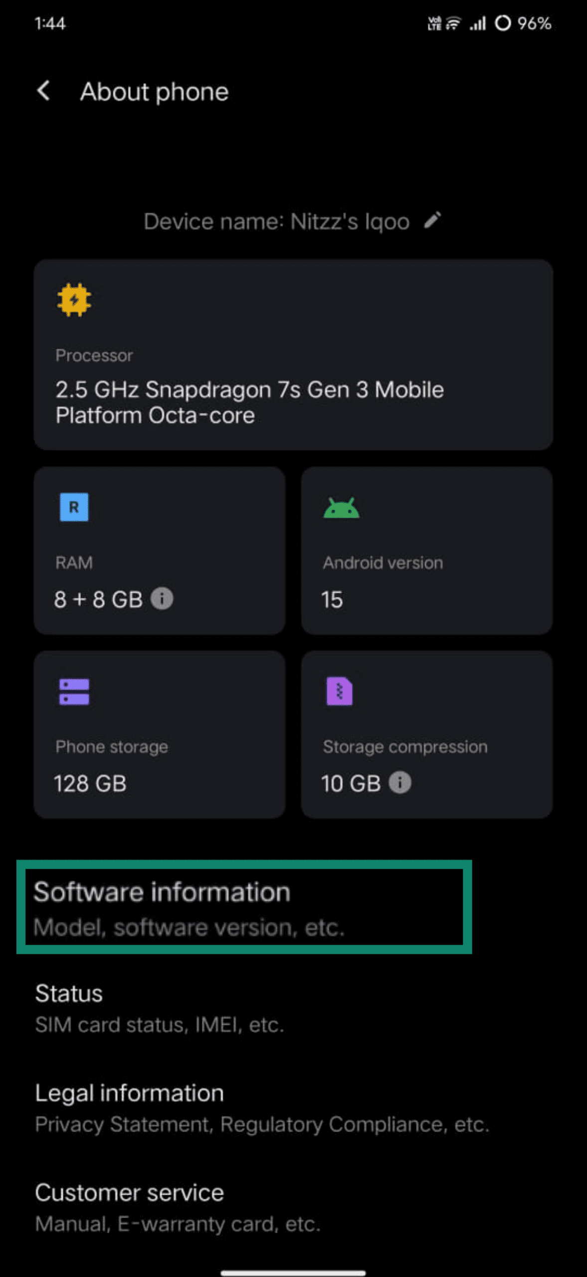 Android's About phone settings opened with Software information highlighted