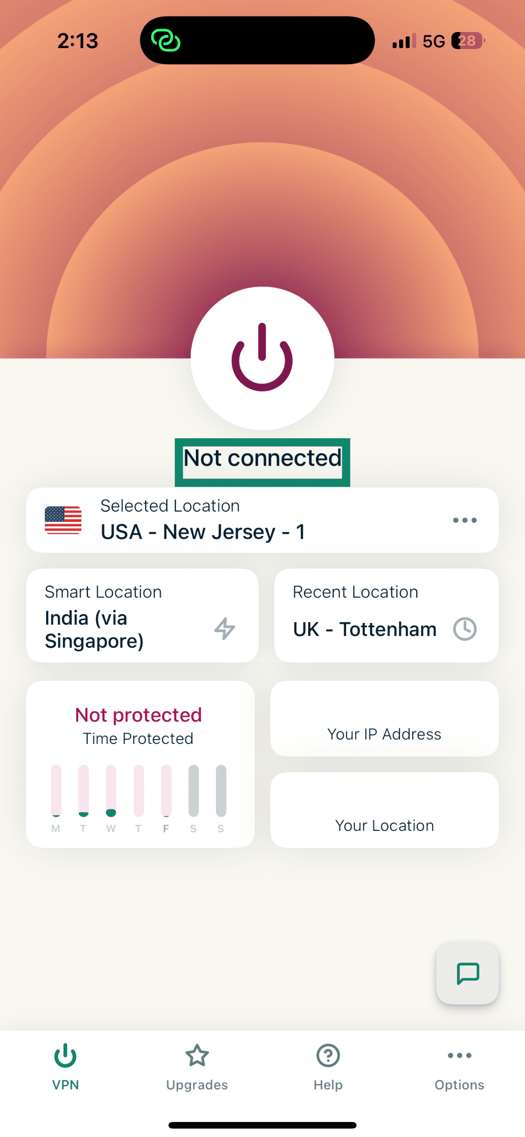 ExpressVPN iOS app interface with the VPN disconnected.