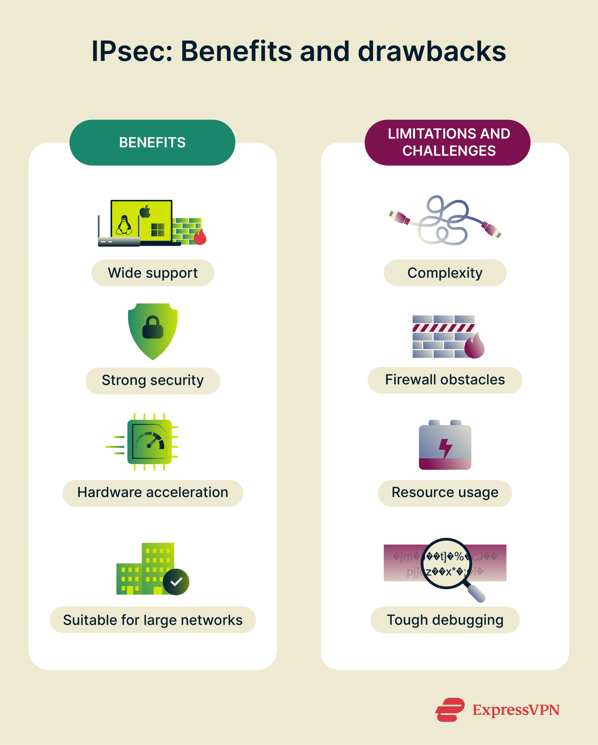 Visual showing the benefits and drawbacks and limitations of IPsec.