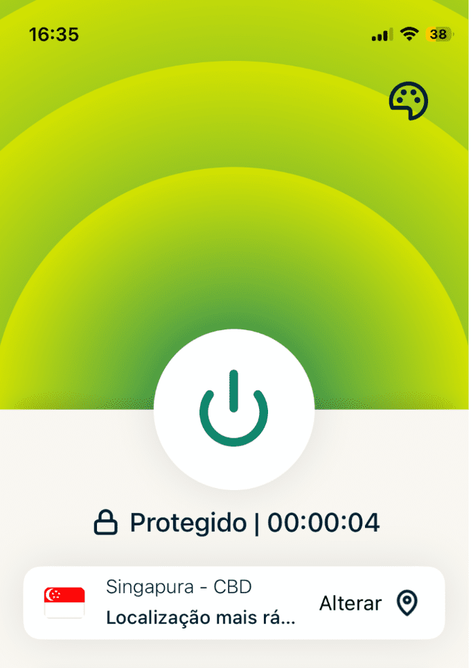 A screenshot of the ExpressVPN app, showing an active VPN connection.