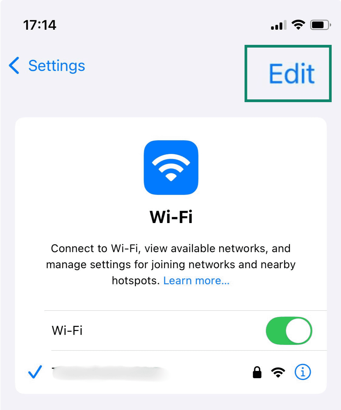 The Wi-FI page of the iPhone Settings, with the Edit button highlighted.