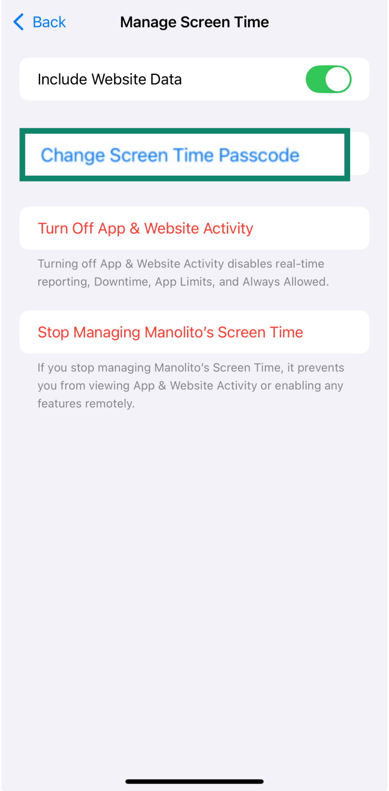 Family list with child’s name selected in iPhone Settings