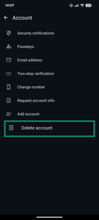 The Account page of the WhatsApp settings menu, showing the Delete account button.