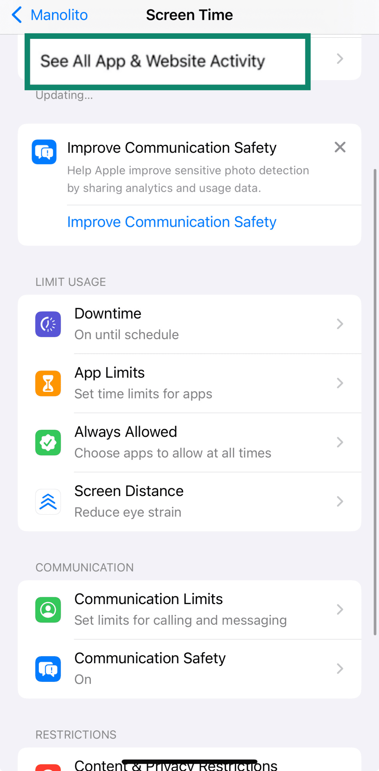 Screen Time menu opened under child’s account on iPhone