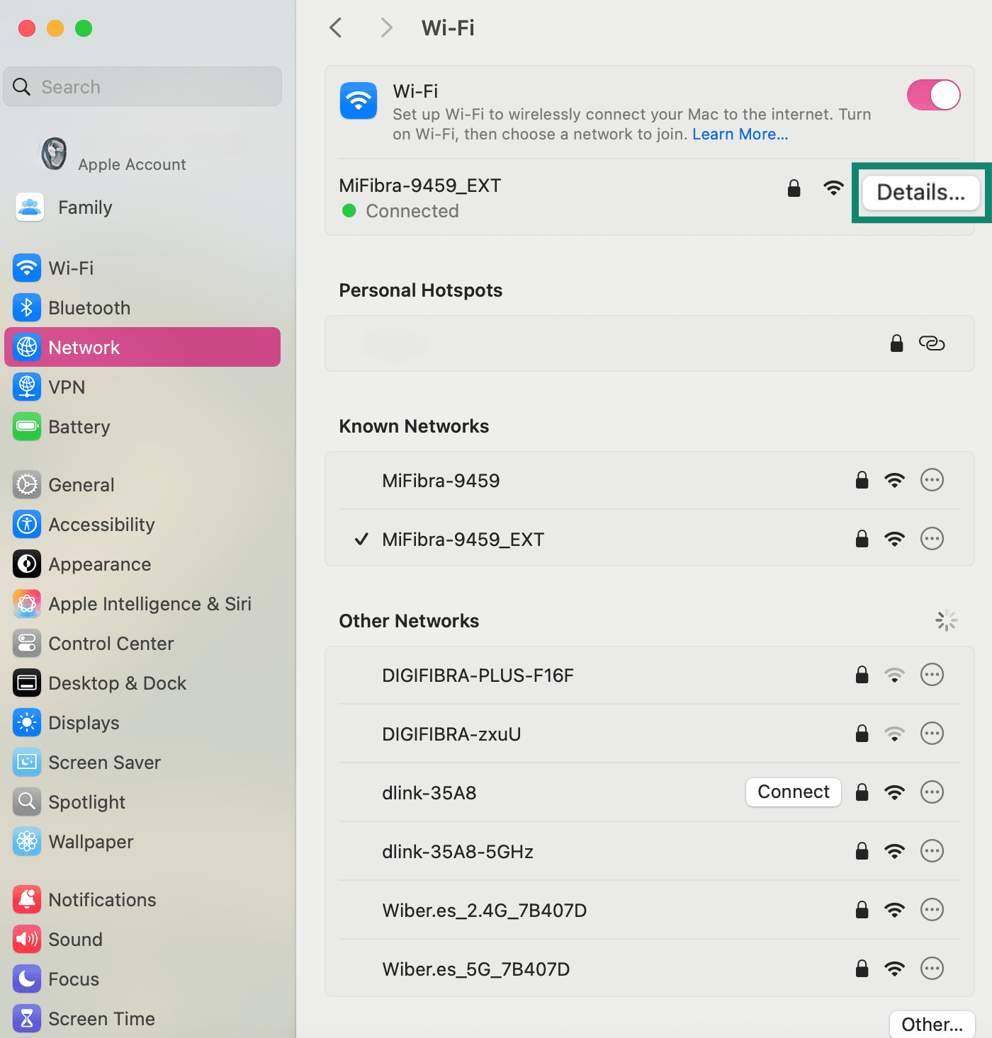 The Mac Wi-Fi settings page, with known networks listed and the Details button highlighted.