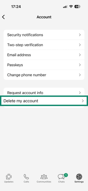 The iPhone WhatsApp app, showing the Delete my account button.