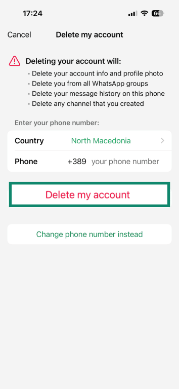 The Delete account page of the WhatsApp app on iPhone.