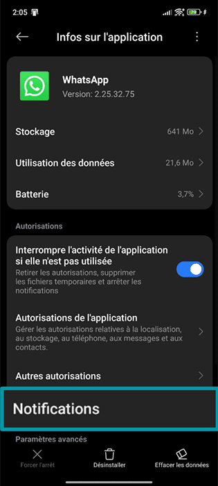The WhatsApp app settings page in the Android settings app, showing the Notifications button.