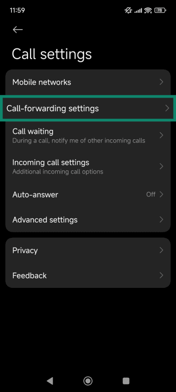 Phone app's call settings screen.