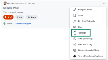 Reddit posts options with the Delete button highlighted.