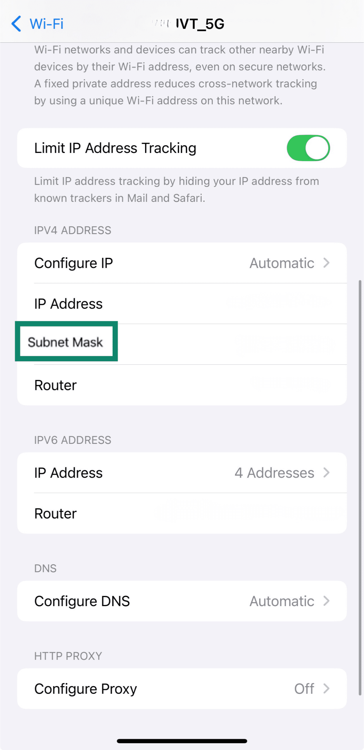 iPhone Wi Fi network details screen showing the Subnet Mask.