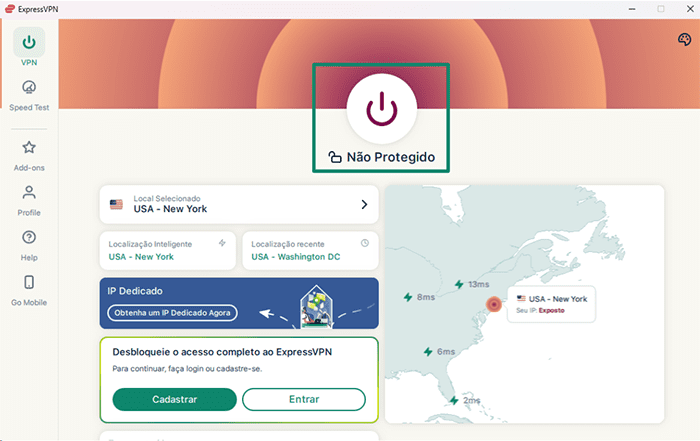 ExpressVPN's app on Windows, with a highlighted power button.
