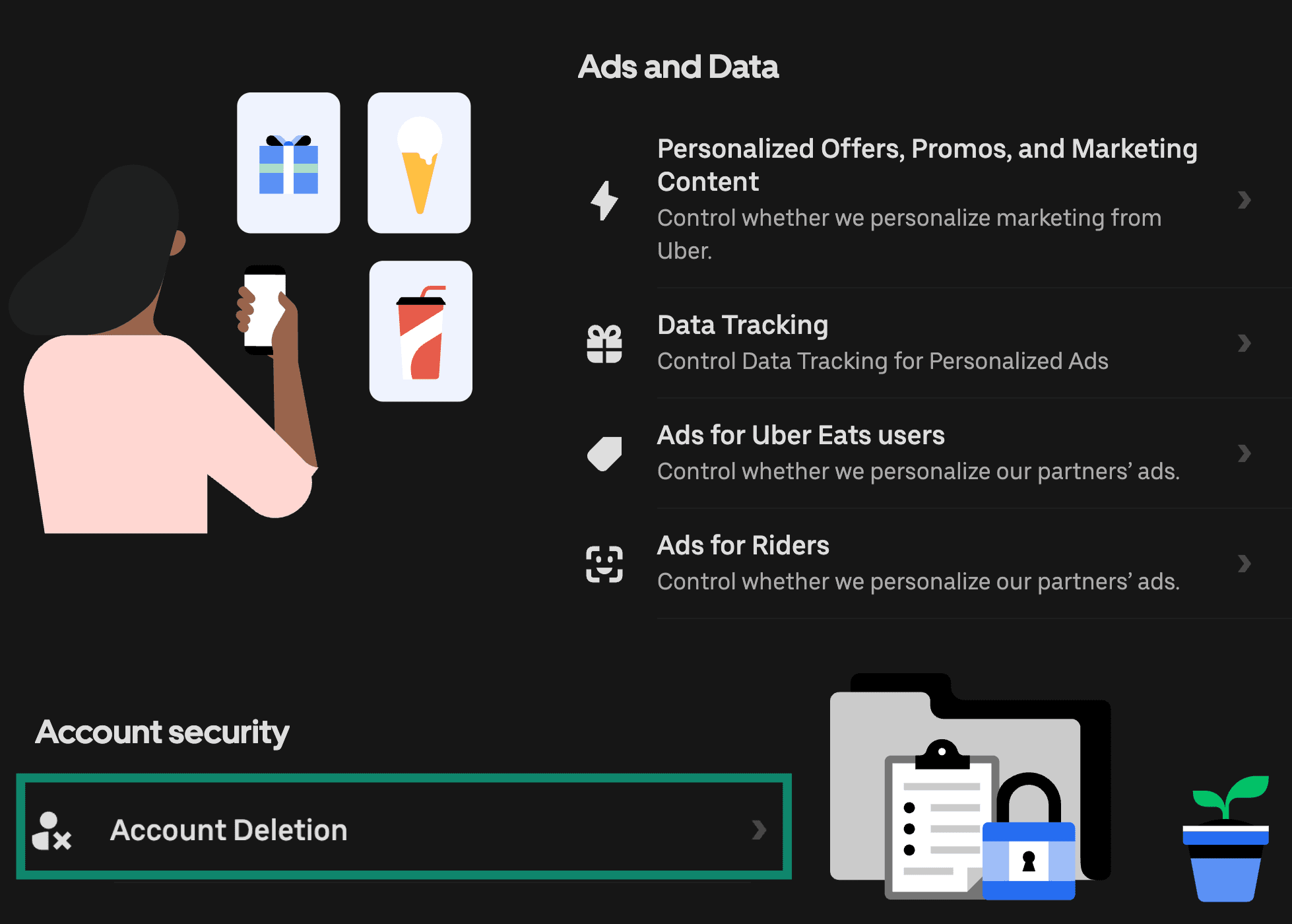 Uber desktop privacy center screen with account deletion option highlighted.