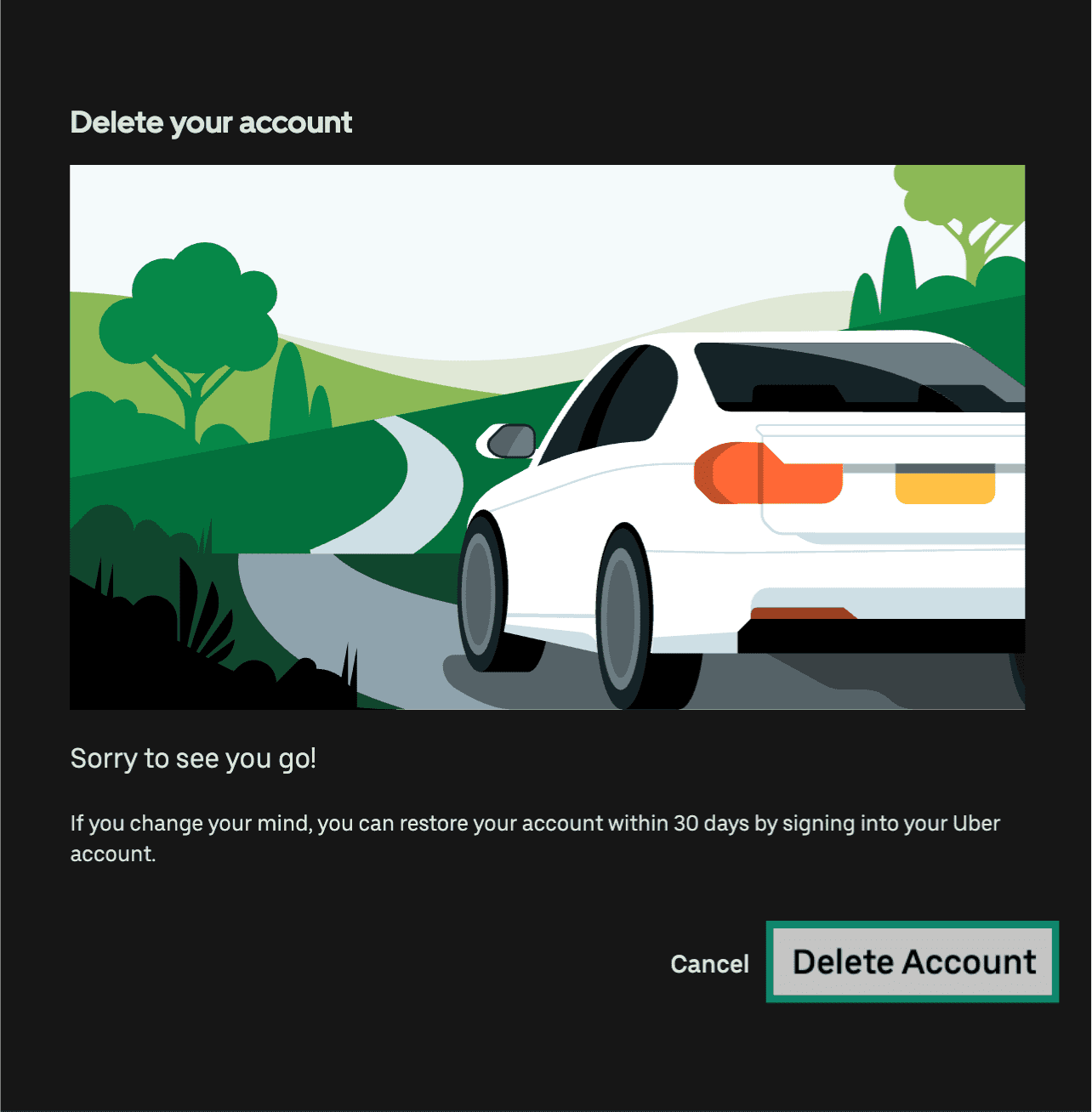 Uber final account deletion screen with the Delete Account button highlighted.