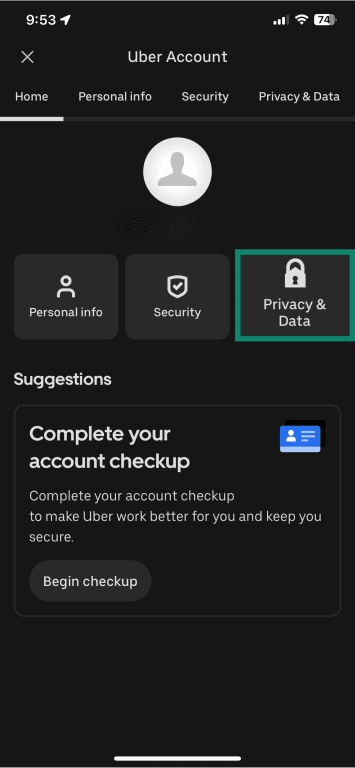 Uber mobile app with Privacy and Data option highlighted.