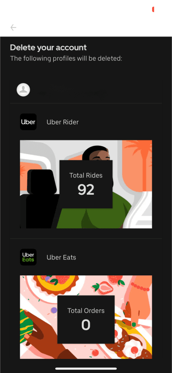 Uber mobile app showing Uber accounts.