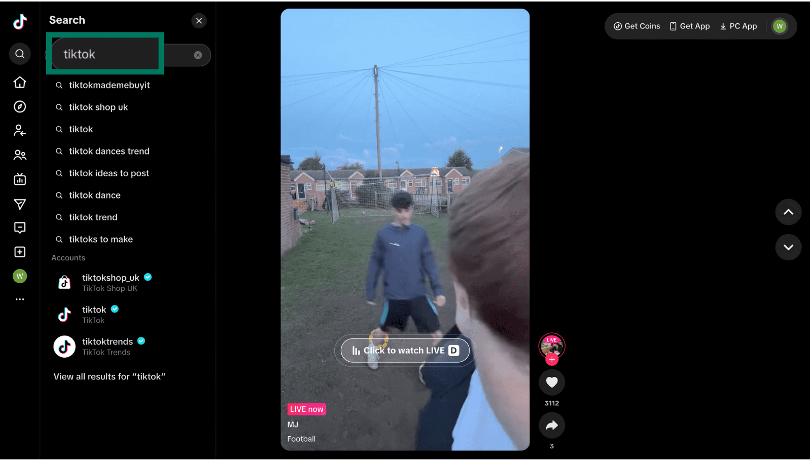 TikTok desktop search screen with