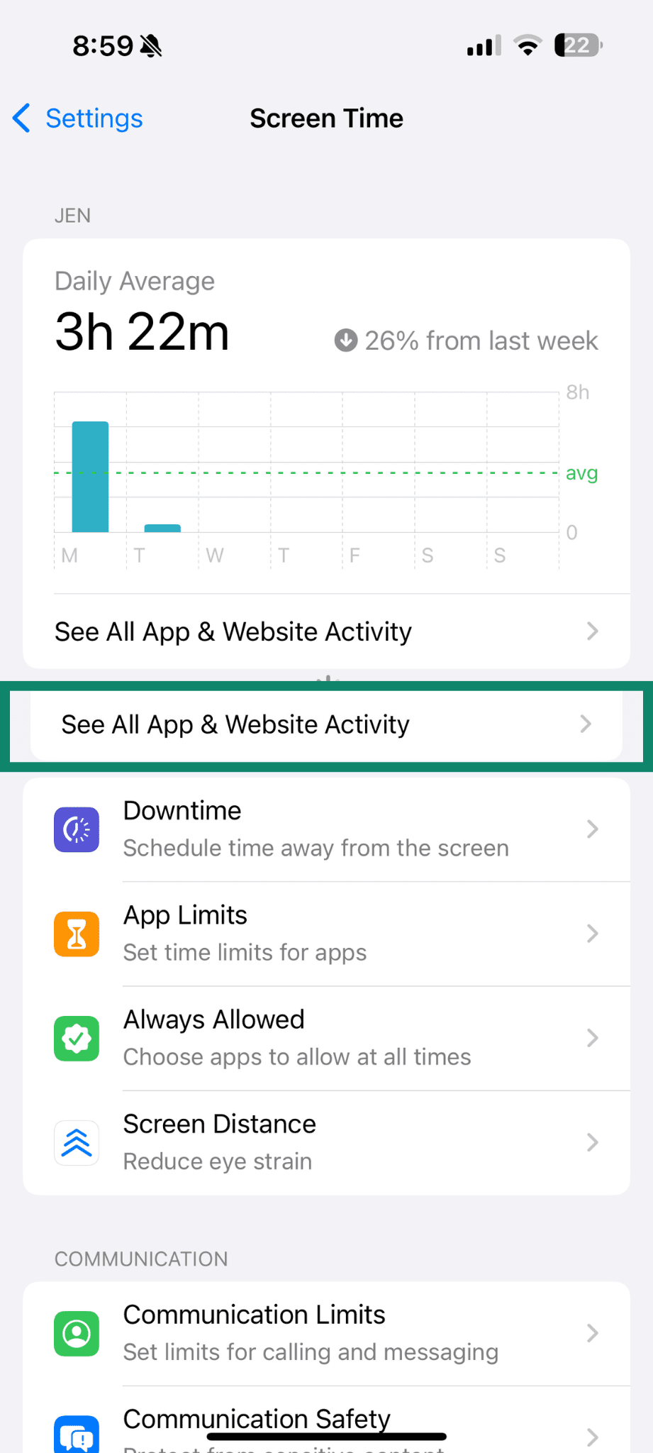 Screen Time menu with See All App & Website Activity highlighted.