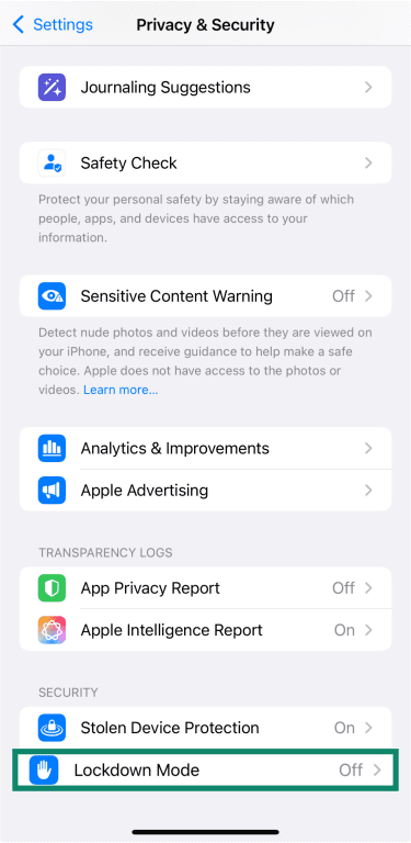 The ‘Privacy & Security’ menu in an iPhone’s settings, showing the location of the high-security ‘Lockdown Mode’ option.