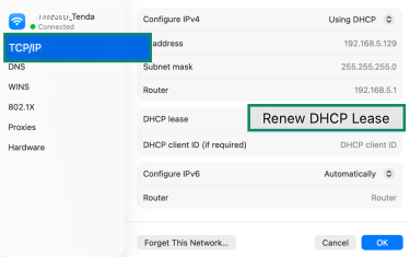 The "TCP/IP" tab on Mac highlighted, alongside the "Renew DHCP Lease" option.