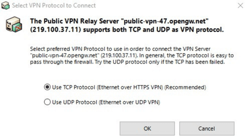 Screen for choosing between the TCP and UDP protocol when connecting to a VPN Gate server with TCP selected.