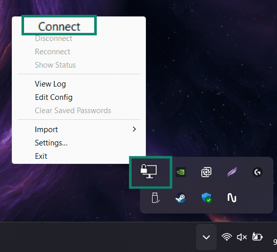 Connecting using the OpenVPN GUI client.