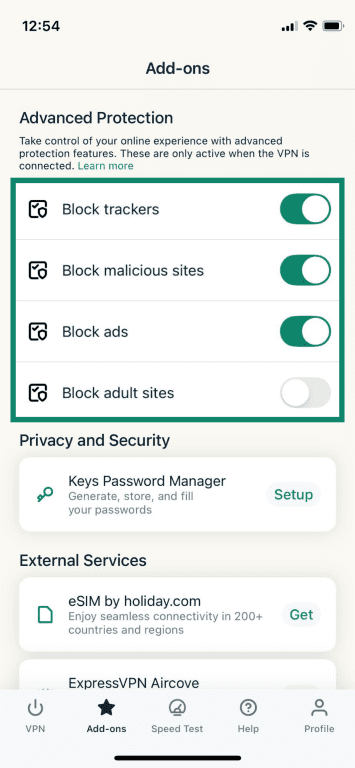 ExpressVPN Add-ons screen with advanced protection toggles highlighted.