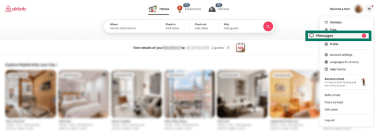 Airbnb home screen showing Messages button.