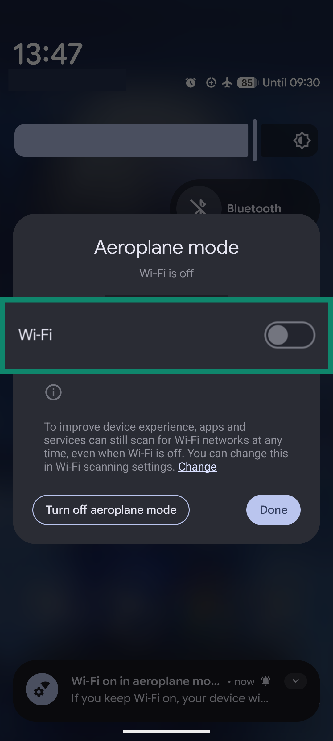 An Android screenshot, showing the option to enable Wi-Fi while Airplane Mode is active.