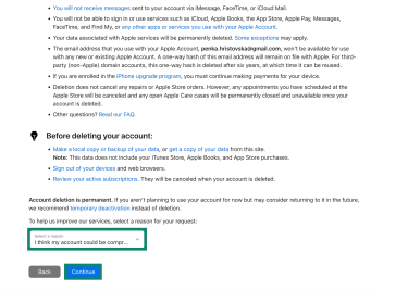 Apple's list of things that happen when you delete your Apple ID. The "Select a reason" dropdown menu and "Continue" button are highlighted.