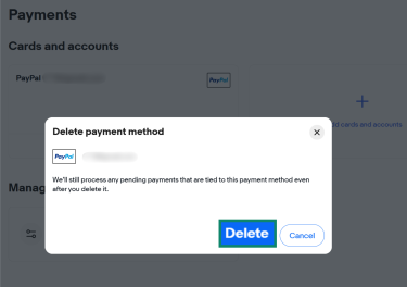 The confirmation window for deleting a PayPal payment method from an eBay account. The "Delete" button is enlarged and highlighted.