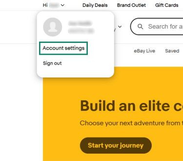 The dropdown profile menu on eBay's website. The "Account settings" option is enlarged and highlighted.